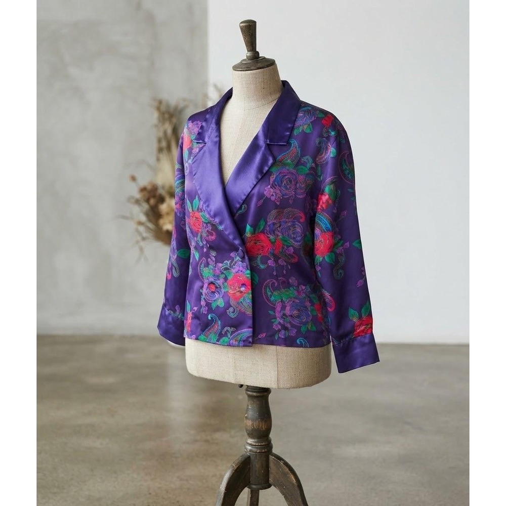 VTG Gold Label Victoria's Secret Satin Blazer Large Purple Floral Paisley 90s